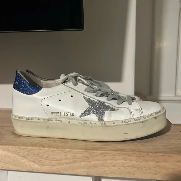 Golden Goose White and Blue Sneakers with Silver Star